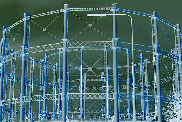 Gasometers of Salford on Liverpool Street...Captured on Inky's camera and given a neon glow.