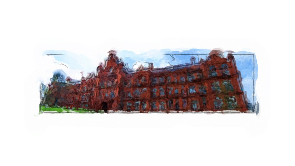Peel Building, University of Salford drawn up in Painter Essentials by Inky, from photograph - example of red brick building