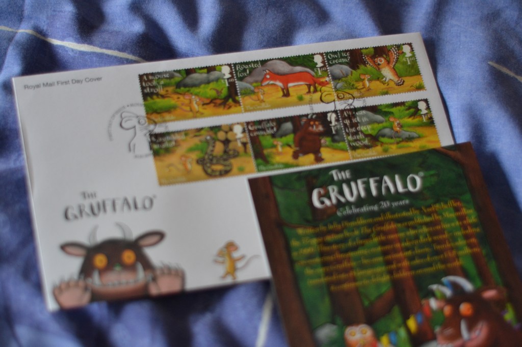 A First Day Cover - this one contains six stamps with pictures from the Tale of the Gruffalo by Julia Donaldson.