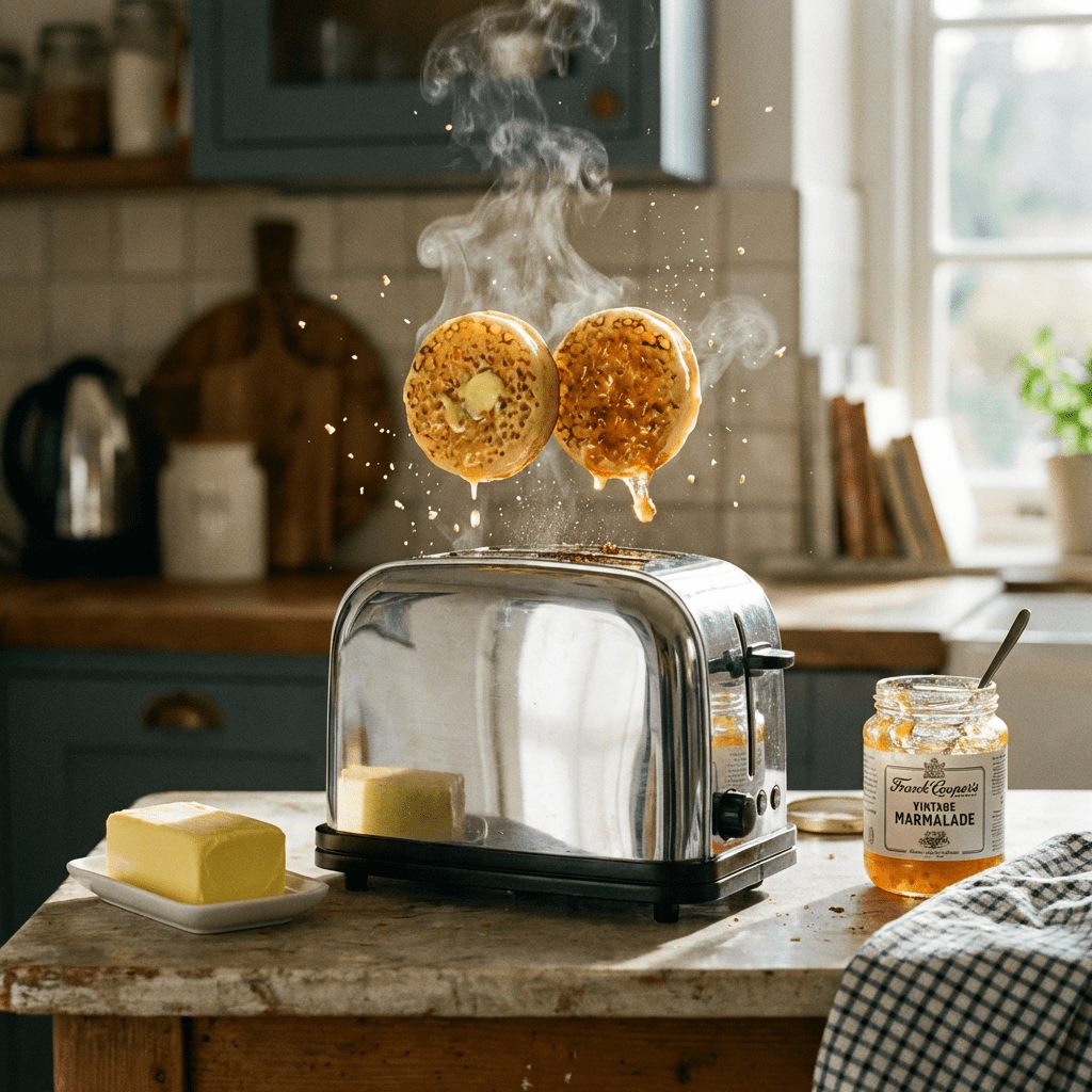 Toasted crumpets with butter and Frank Cooper's marmalade popping out of a chrome toaster.