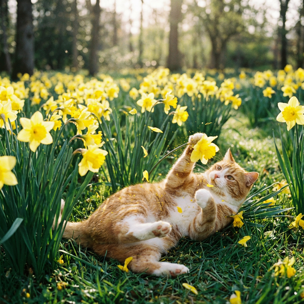 Orange tabby cat lying on its back playing with yellow daffodils in a sunny field.
