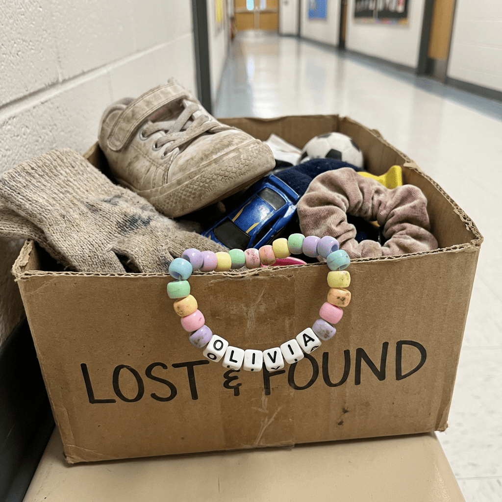 Cardboard box labeled LOST & FOUND containing a shoe, toy car, and "OLIVIA" beaded bracelet.