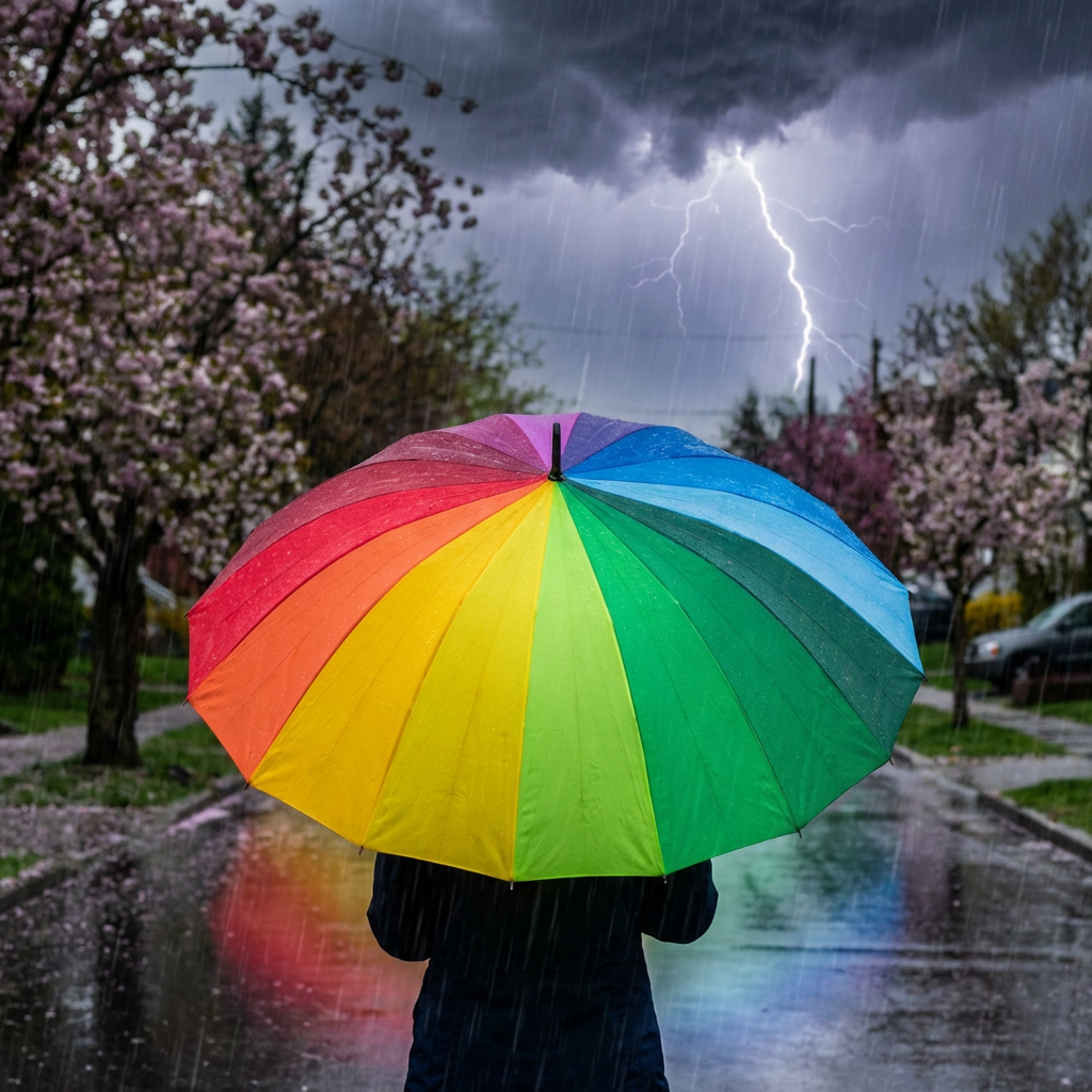 Person holding a rainbow umbrella on a rainy street with blooming trees and lightning.