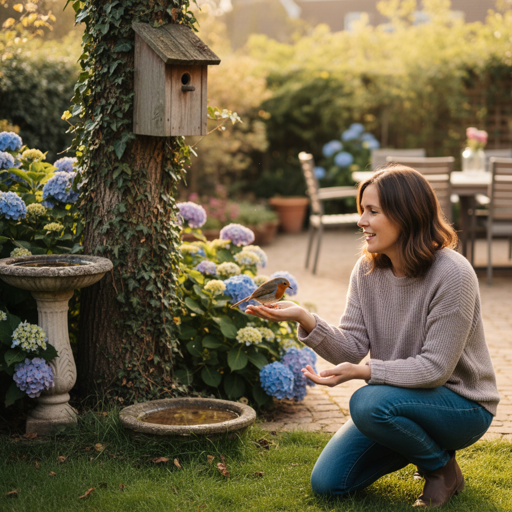 A woman kneeling in a garden with a robin perched on her outstretched hand.