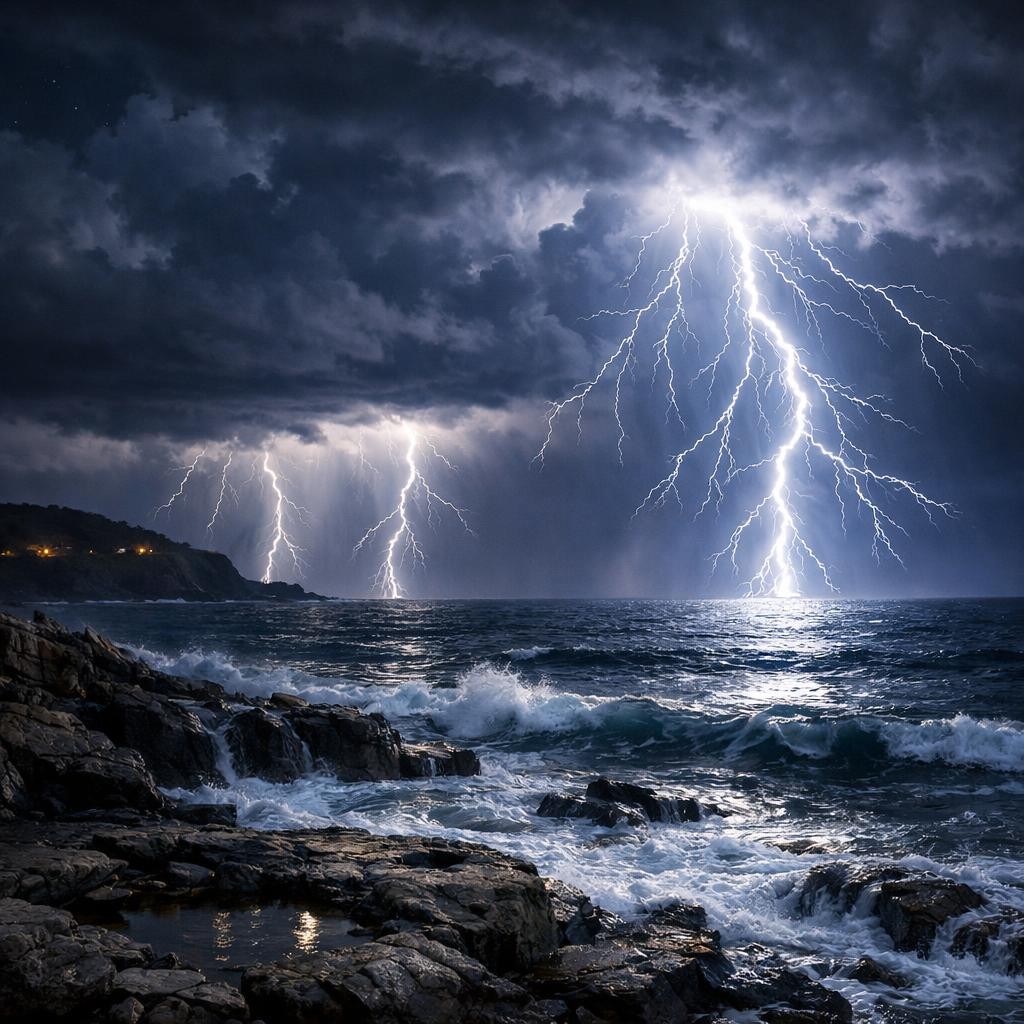 Lightning bolts striking the ocean under a dark stormy sky with rocky coastline