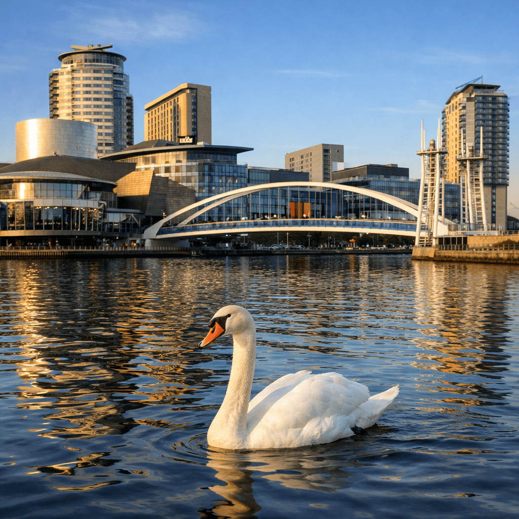 Current image: White swan swimming in water with city skyline and pedestrian bridge in background