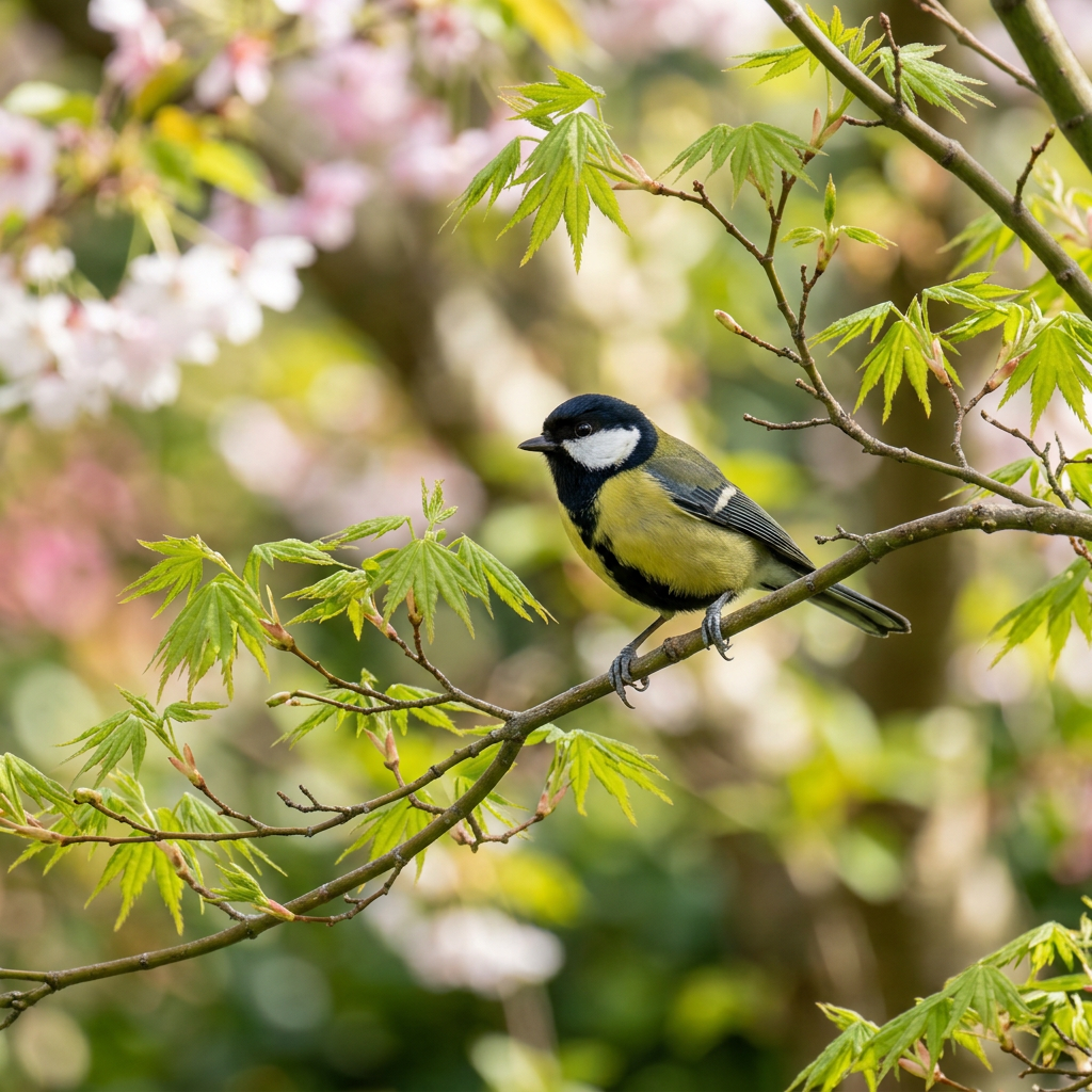 Great tit bird with yellow belly and black head perched on leafy branch