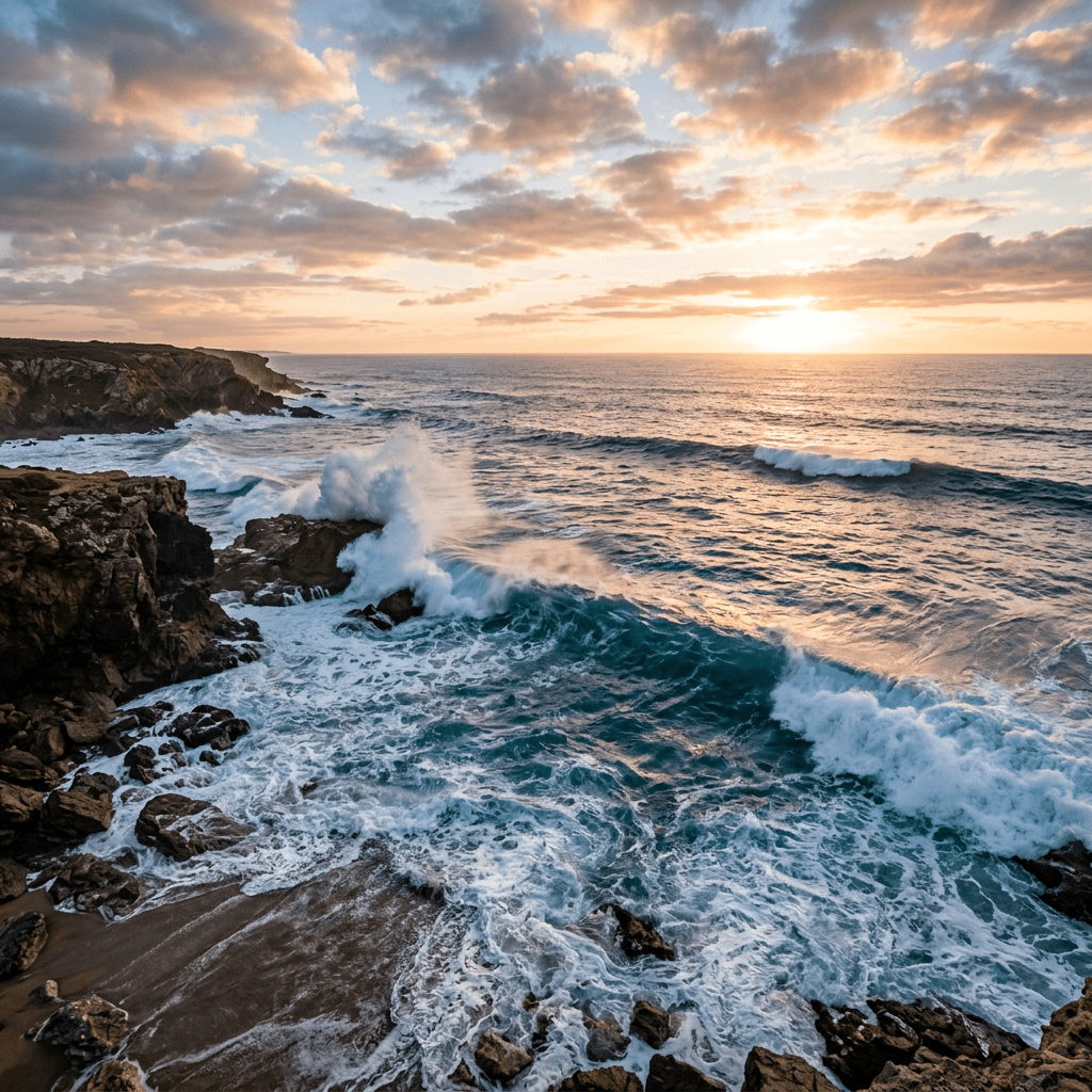 Ocean waves crashing on rocky coastline under a colorful sunset sky