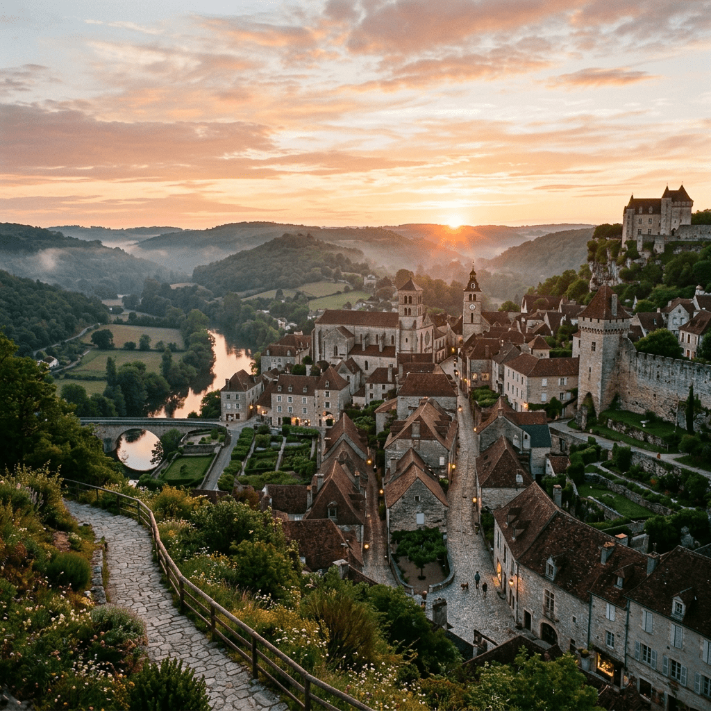 Medieval village with stone buildings and river at sunrise in green valley