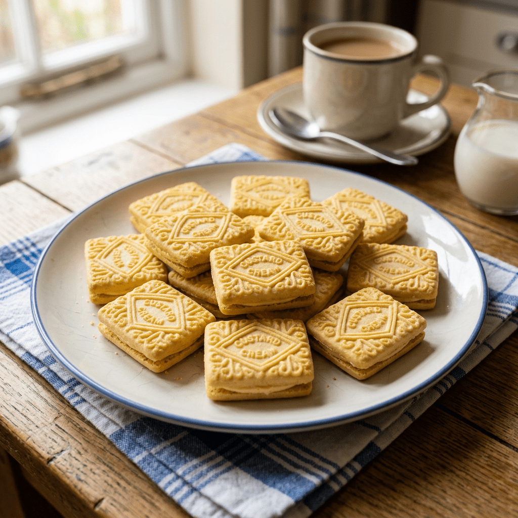 Plate of custard cream biscuits on a checkered cloth with tea and milk