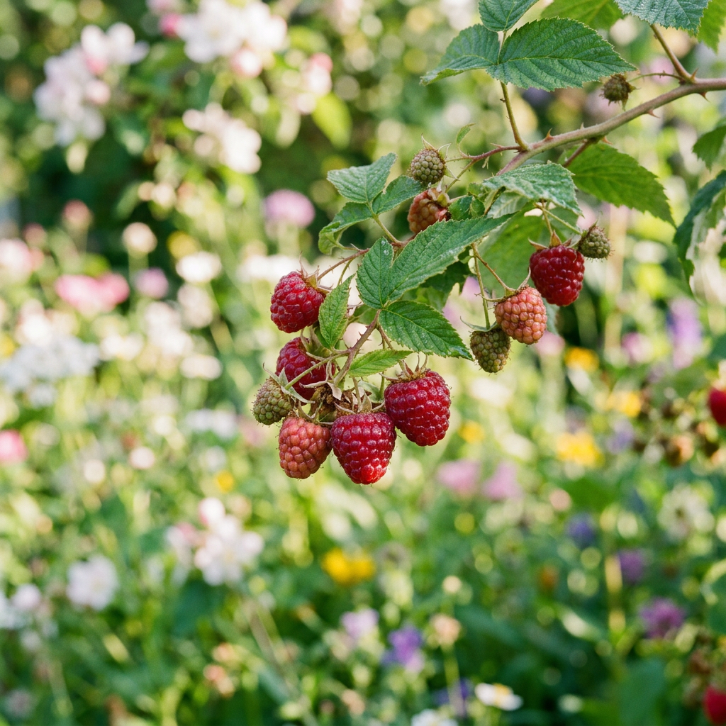 Cluster of ripening raspberries hanging on a green leafy branch