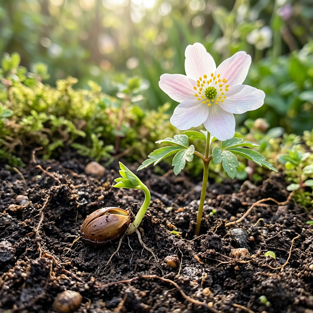 White flower with yellow center blooming next to seedling emerging from soil