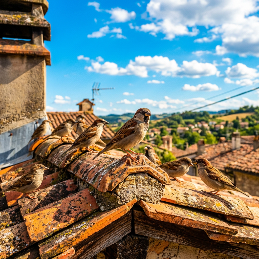 Several sparrows sitting on old terracotta roof tiles with village and hills in background