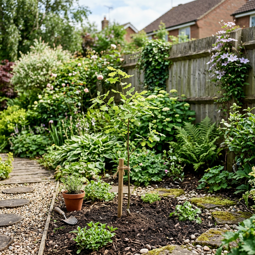Young tree supported by stake in a vibrant garden bed with various plants