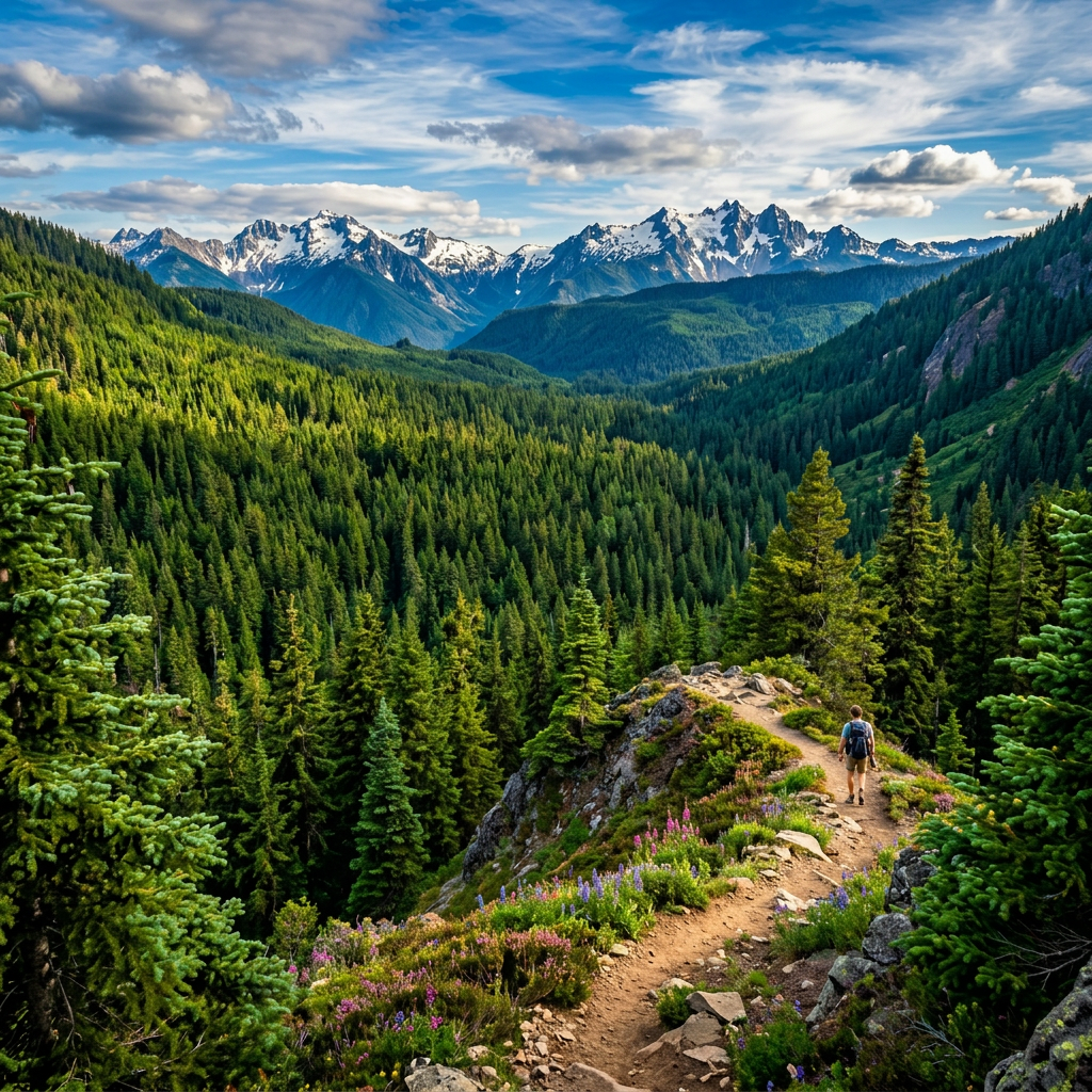 Hiker walking on mountain trail with evergreen forest and snow-capped mountains