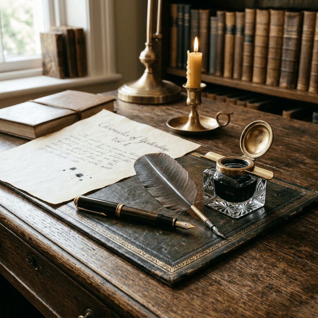 Feather quill, ink pot, handwritten letter, vintage pen, and lit candle on wooden desk