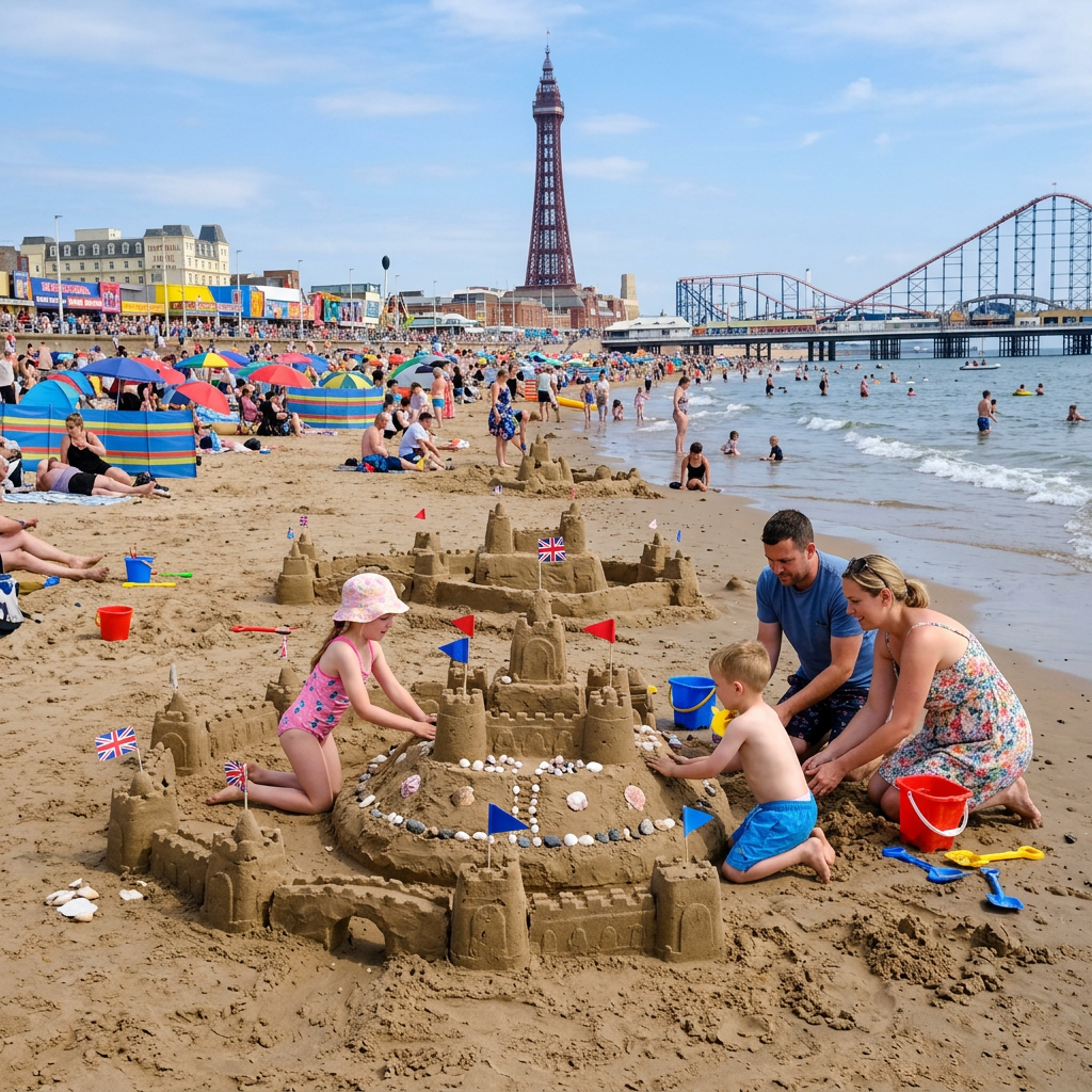 Current image: Family building detailed sandcastle on sandy beach near water