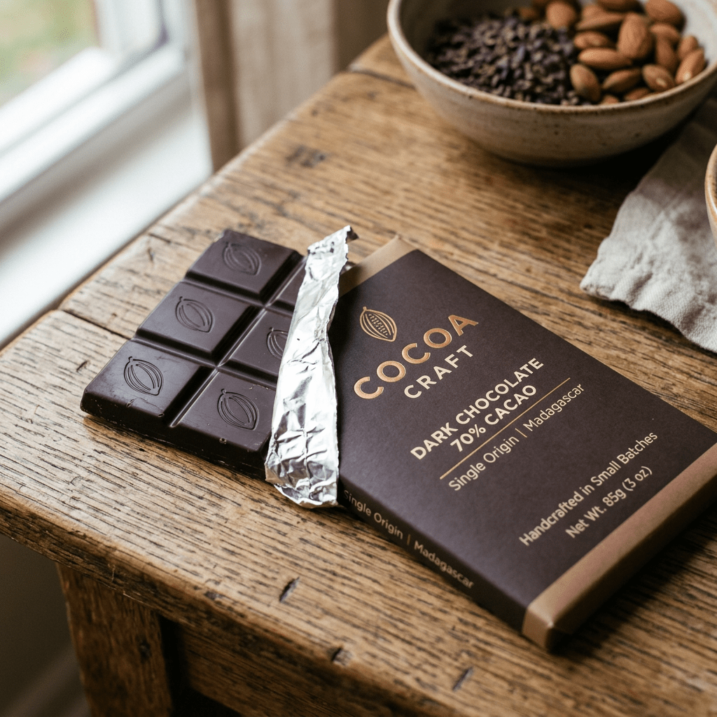Partially unwrapped dark chocolate bar with Cocoa Craft packaging on wooden surface