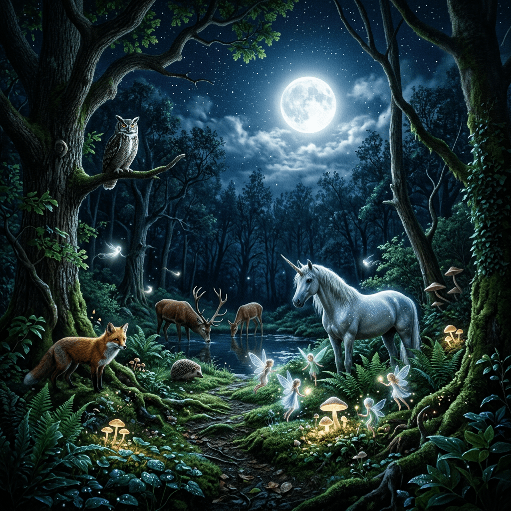 Unicorn, fairies, fox, owl, deer, and glowing mushrooms at night in a forest