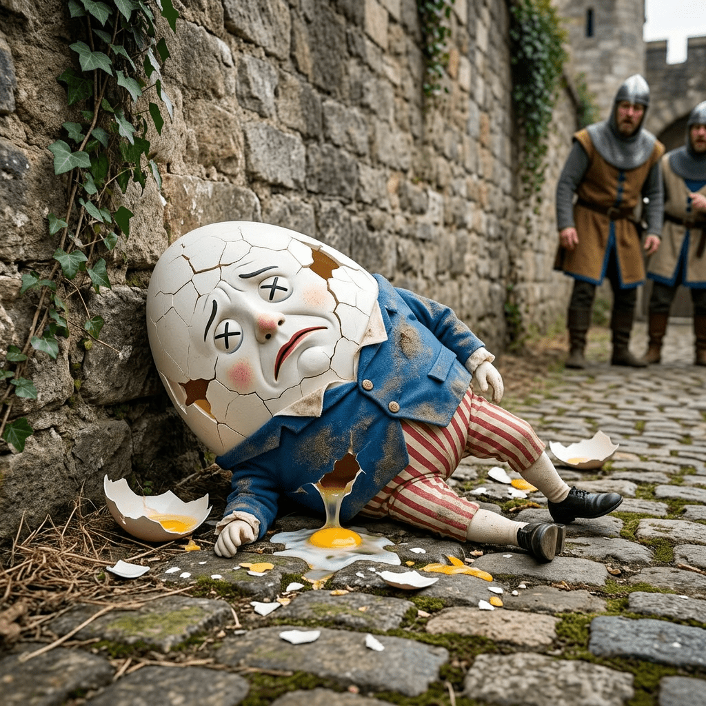 Humpty Dumpty figure cracked and leaking yolk on cobblestone street with knights in background