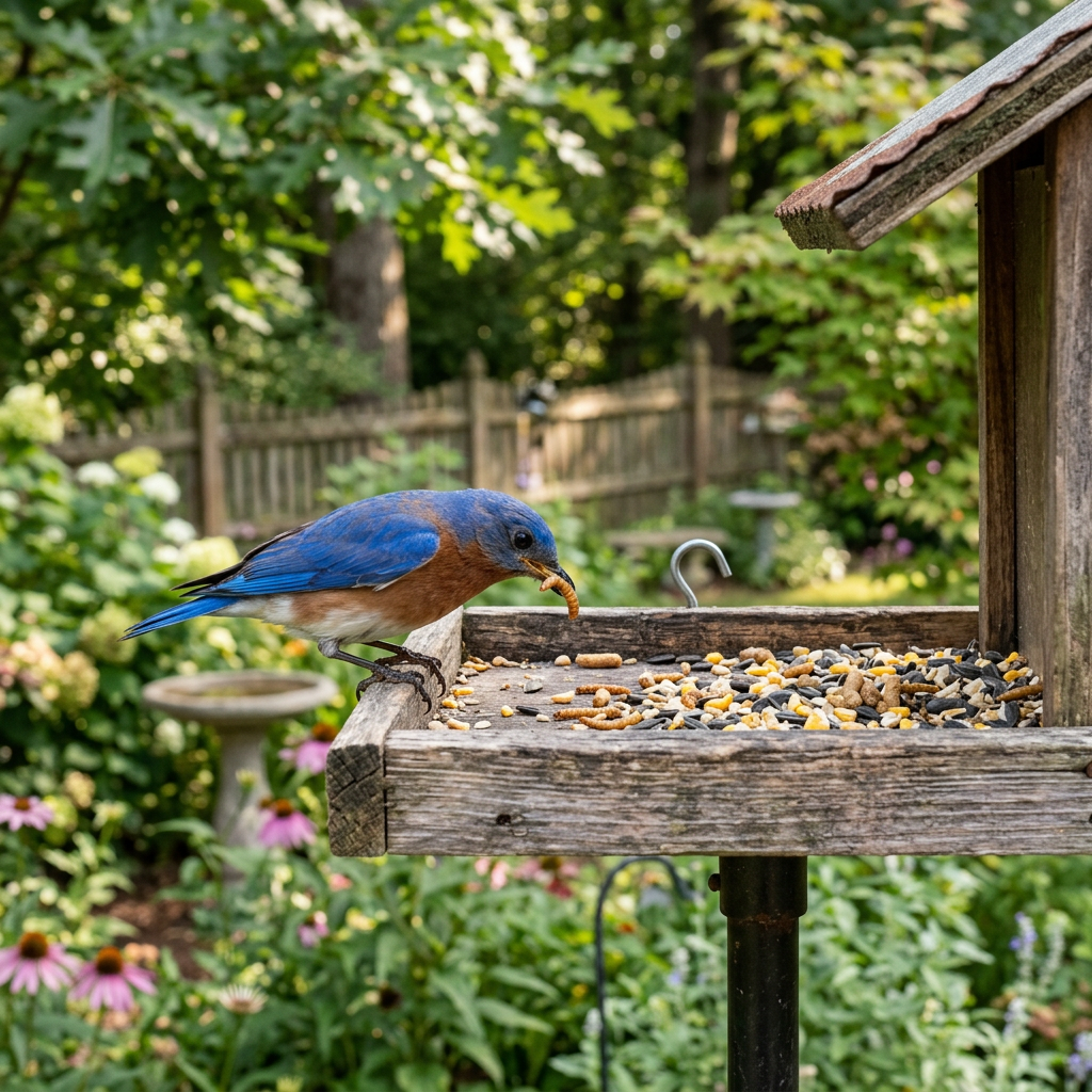 Bluebird perched on wooden bird feeder eating a mealworm