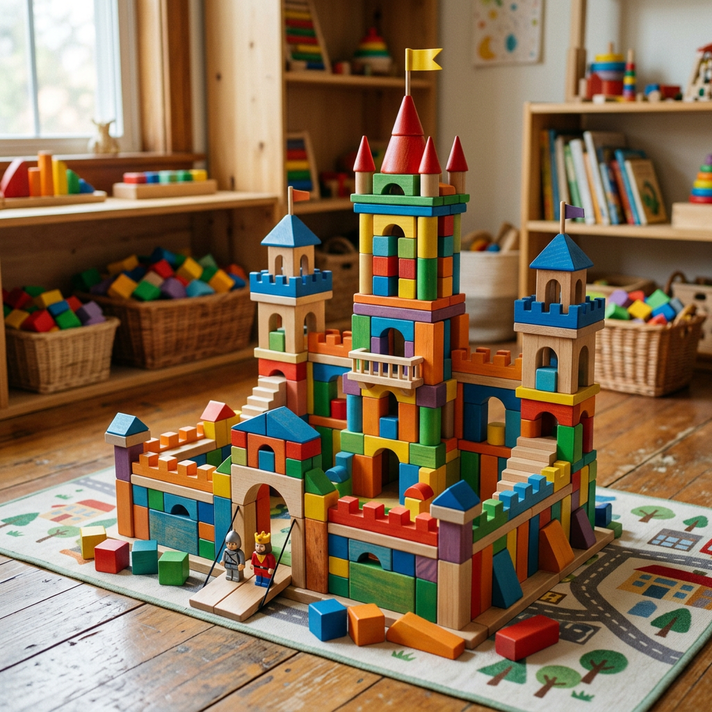 Colorful wooden block castle with two toy figures on a decorated play mat