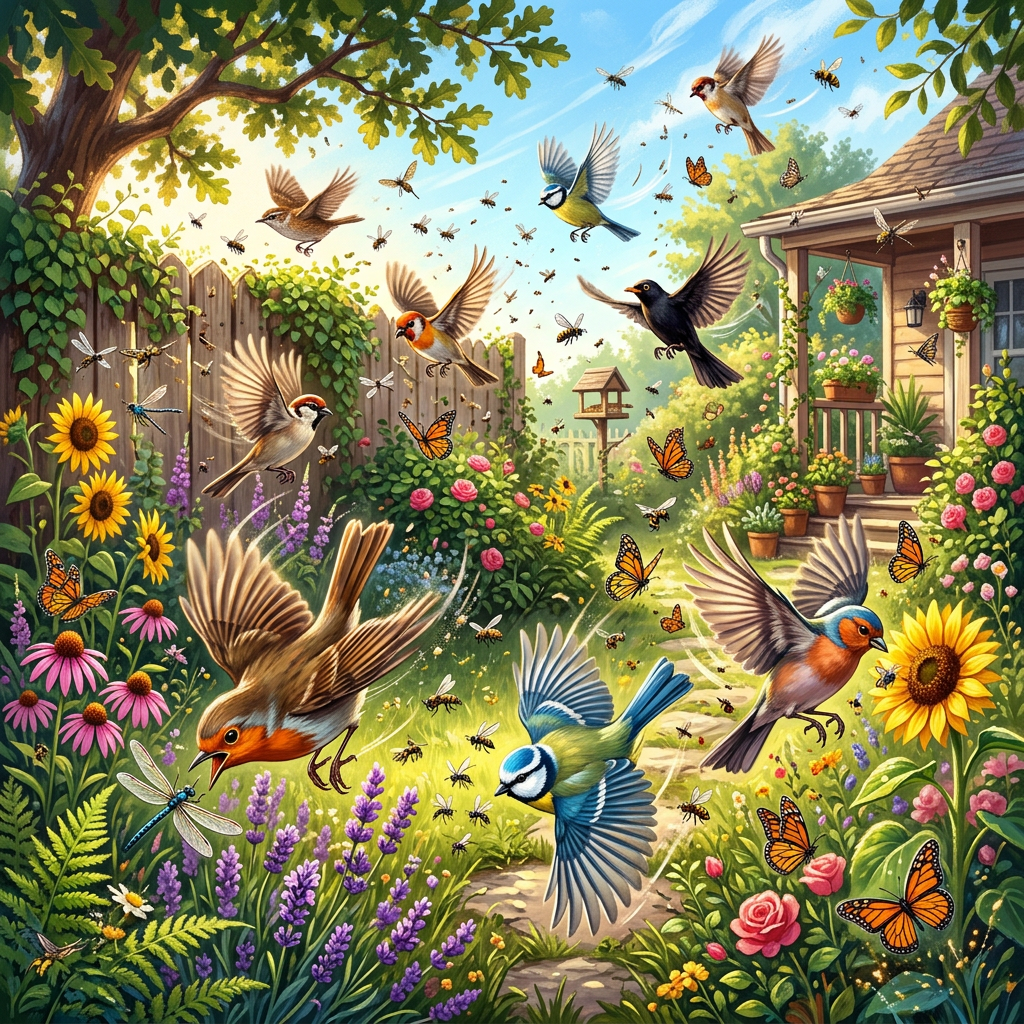 Various bird species flying among butterflies, bees, and flowers in a garden with a wooden fence and a house porch.