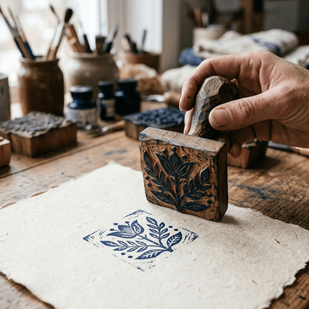 Hand holding a carved wooden stamp with floral design printing blue ink on textured paper