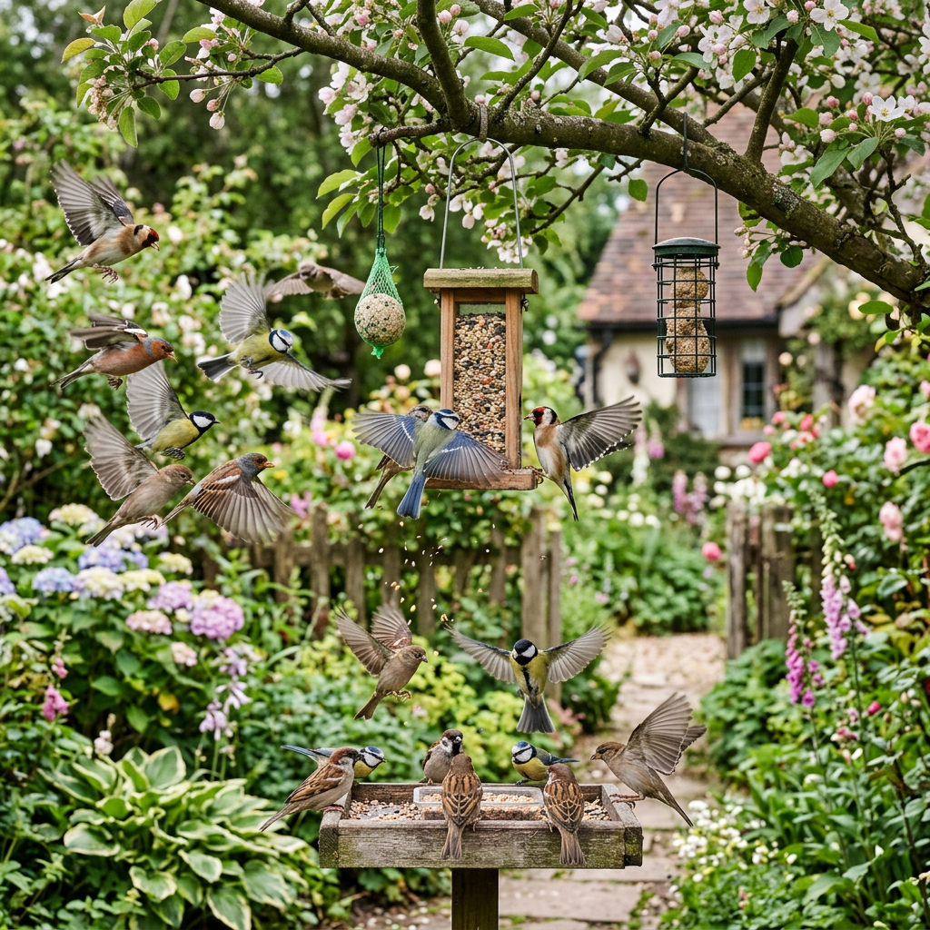 Various small birds feeding and flying near feeders in a flower-filled garden
