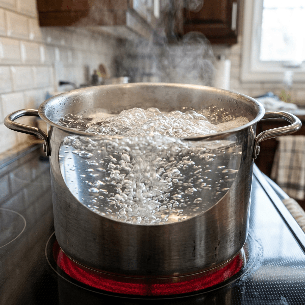 Stainless steel pot with boiling water on red hot electric stove burner
