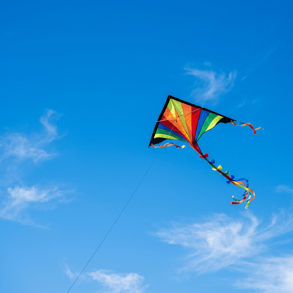 Colorful rainbow kite flying with streamers in blue sky with few clouds