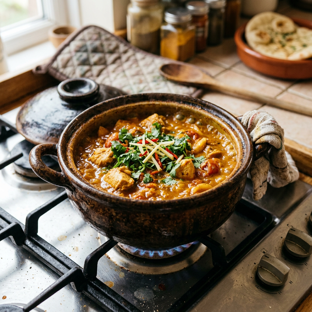 Clay pot with chicken curry garnished with cilantro and ginger on gas stove