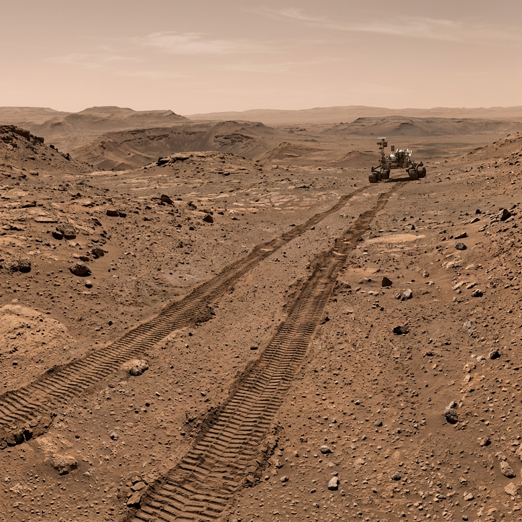 Mars rover on rocky red planet surface with tire tracks