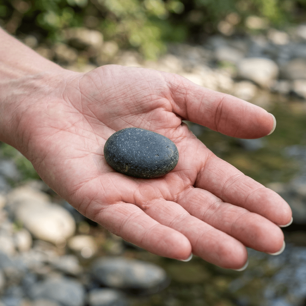 Hand holding a small smooth dark gray stone