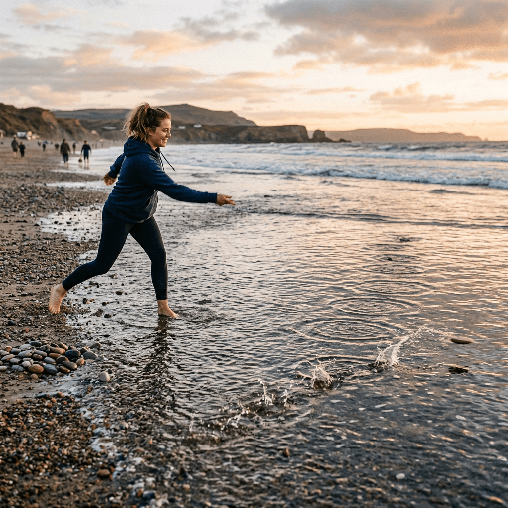 Woman in hoodie skipping stones on a pebble beach at sunset