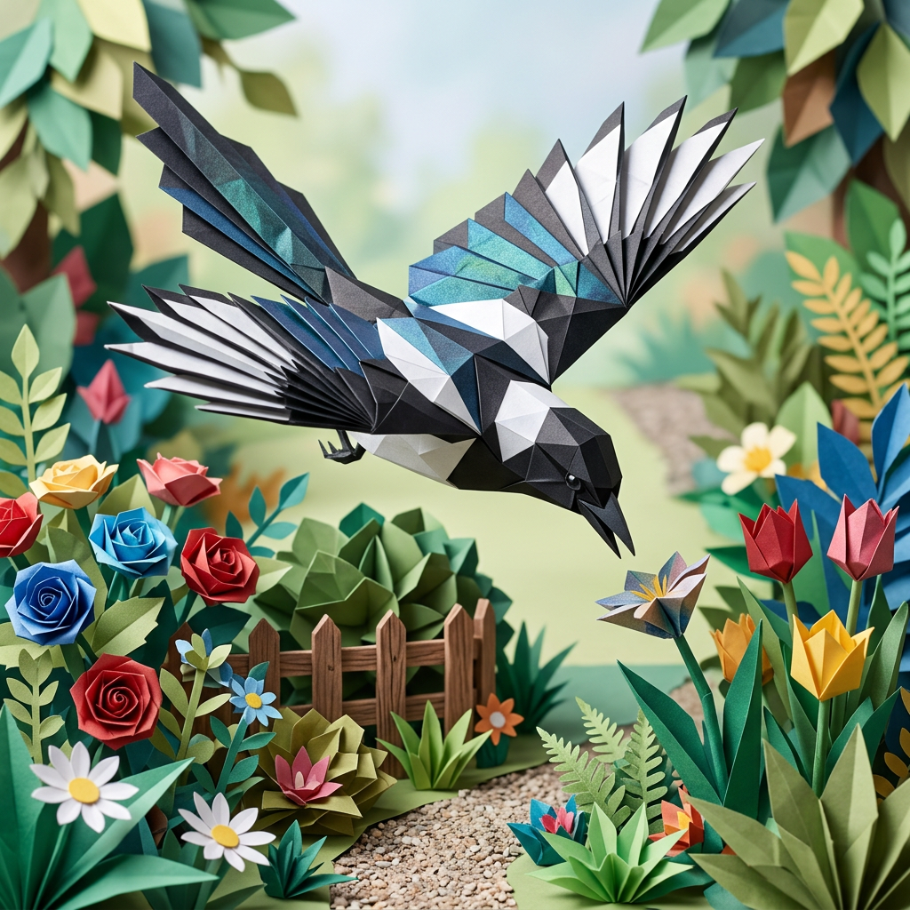 Paper bird with black, white, and blue wings flying above paper flowers and plants.