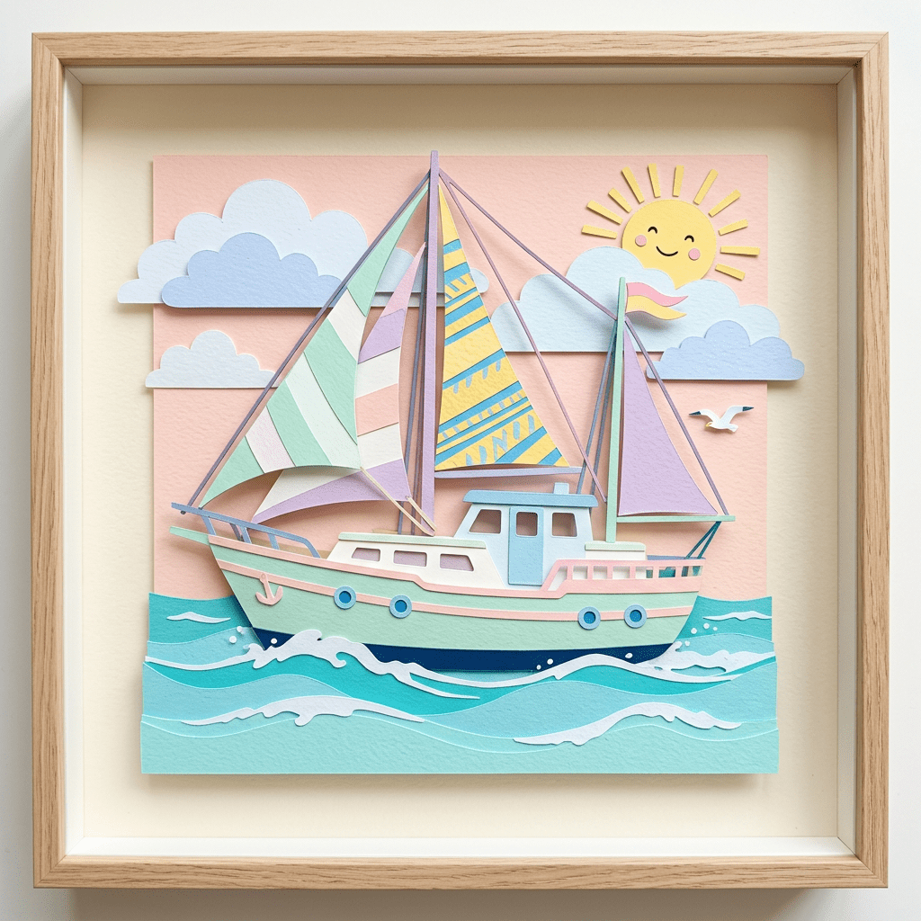 Paper art sailboat with colorful sails on ocean waves, smiling sun, and clouds
