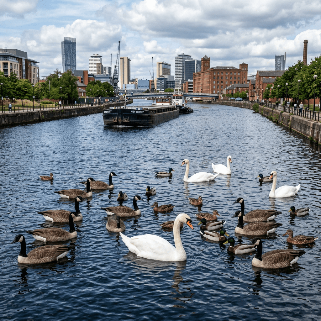 Swans, geese, and ducks swimming in an urban canal with city buildings