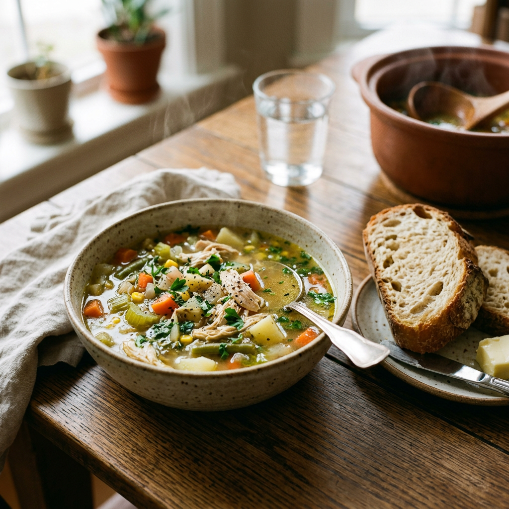 Bowl of chicken vegetable soup with crusty bread on a wooden table