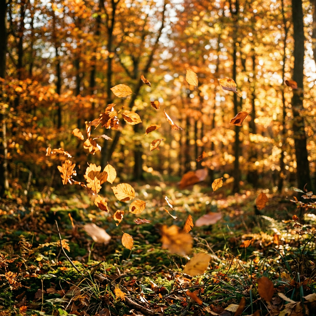 Falling autumn leaves in a sunlit forest