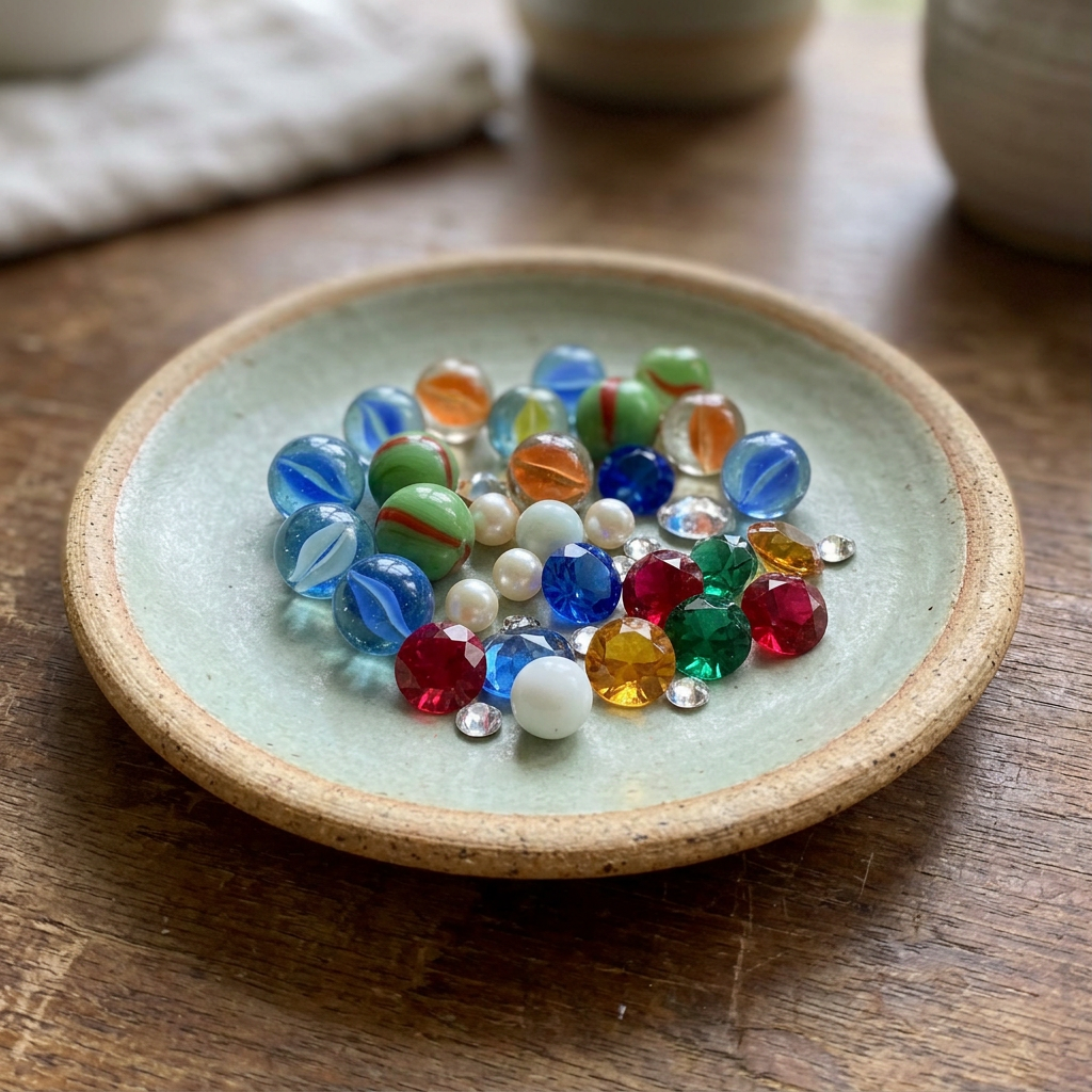 Colorful marbles, beads, and gemstones arranged on a ceramic dish